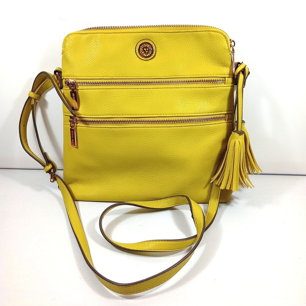 Anne Klein Crossbody Bag Medium Yellow Good Tassel Multi-Pocket Faux Leather